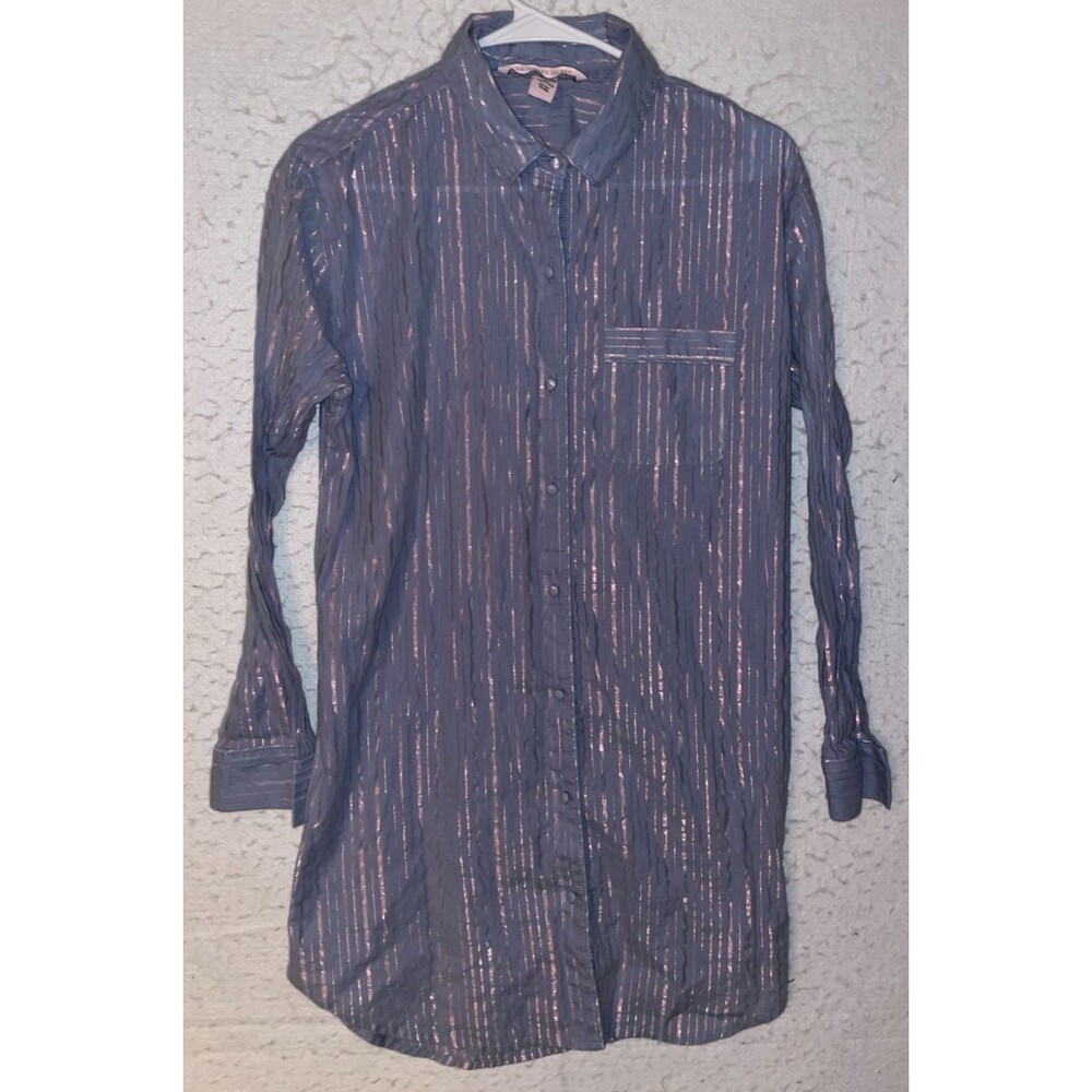 Victoria Secret Long Sleeve Blue Metallic Stripe Sleep Gown Pj Shirt Womens S